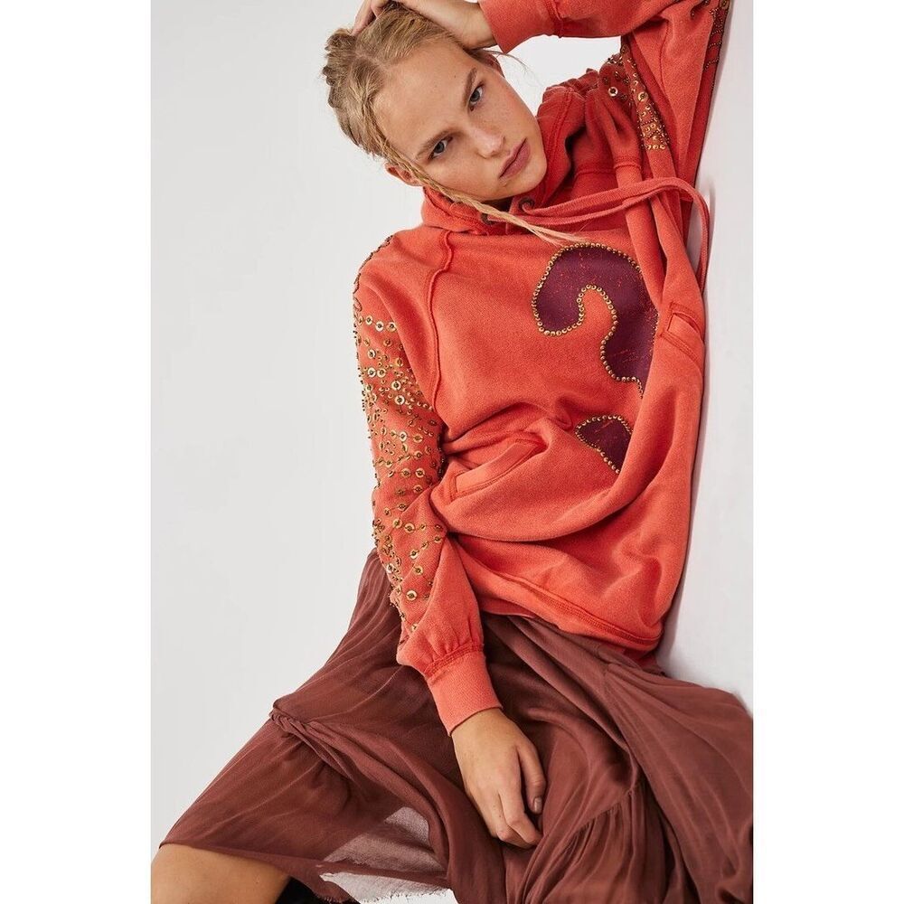 Free People Sparkle Daze Kango Hoodie Embellished We The Free Red Combo L NEW - Picture 3 of 5